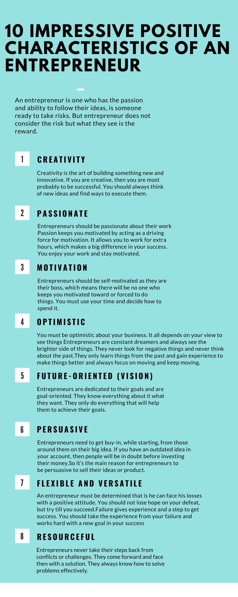 10 Impressive positive characteristics of an entrepreneur