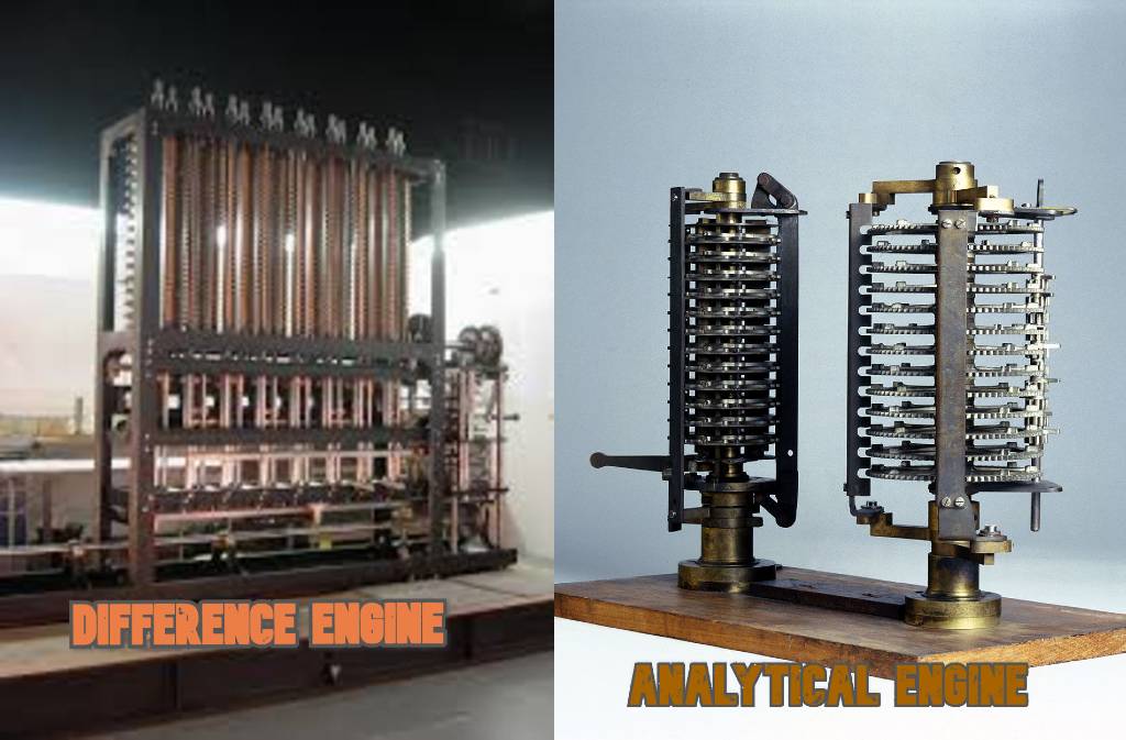 The image shows Difference engine in left and Analytical engine in right. These computers have a great importance in the development and history of computers.