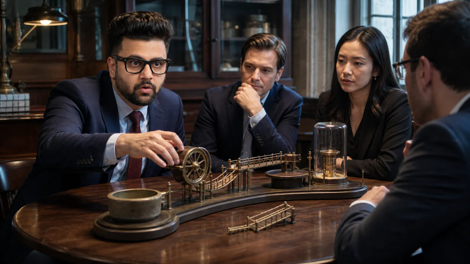 Sahil Khanna coaching a small executive roundtable in a behavioral research lab for Handy's motivation theory