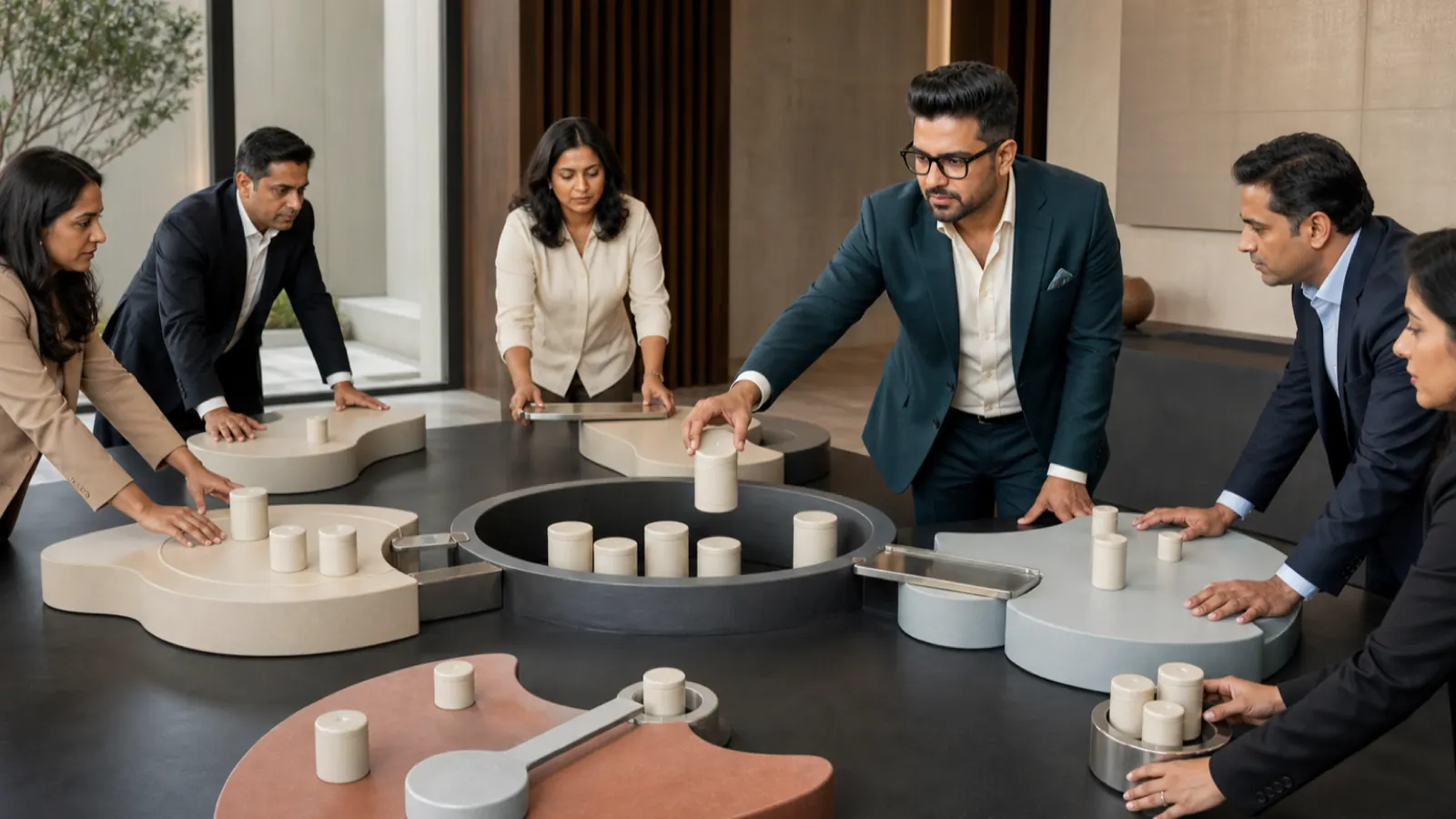 Sahil Khanna coaching a small executive roundtable in a behavioral research lab for Managing Conflicting Priorities