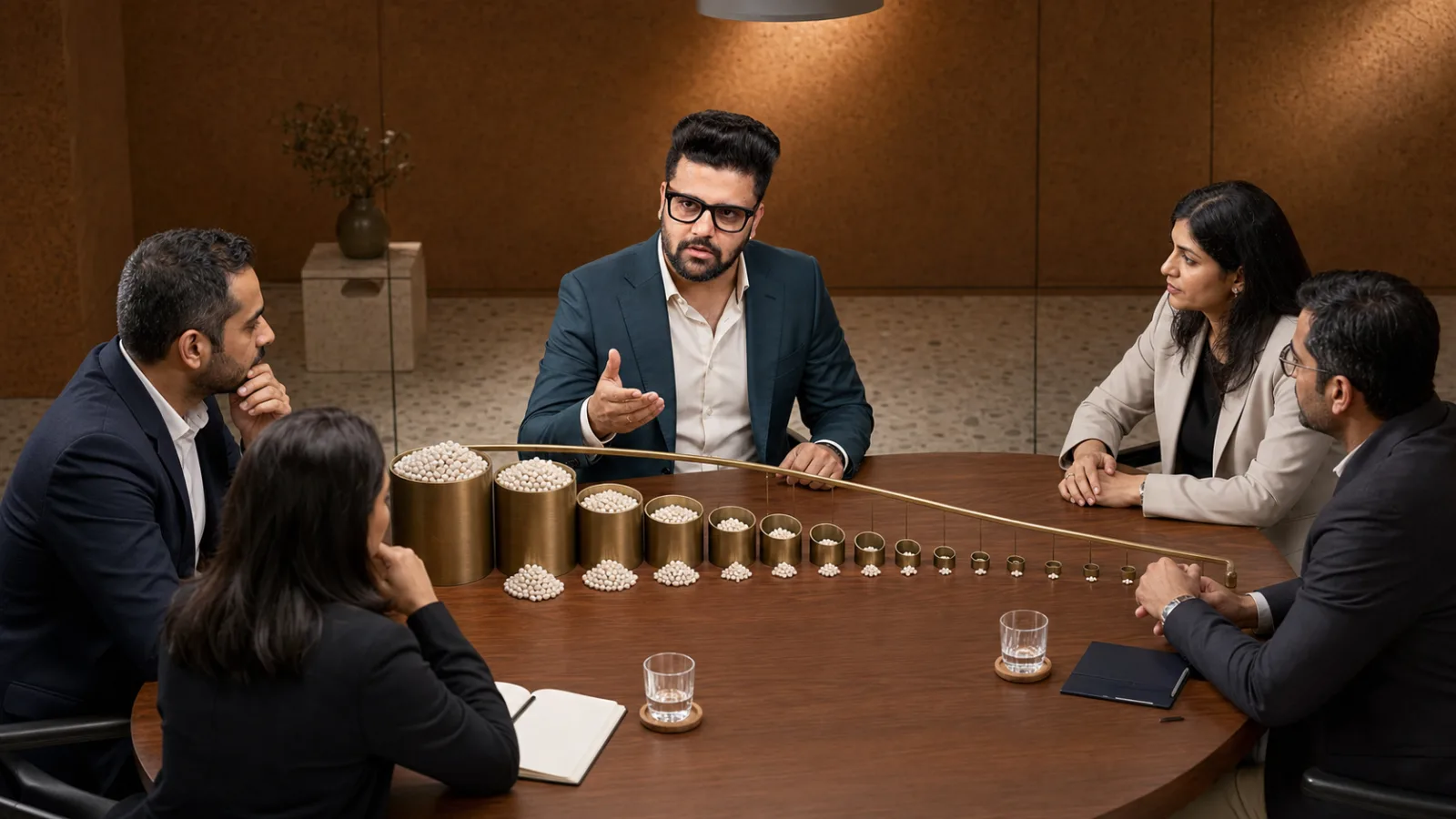 Sahil Khanna coaching a small executive roundtable in a behavioral research lab for Pareto Analysis