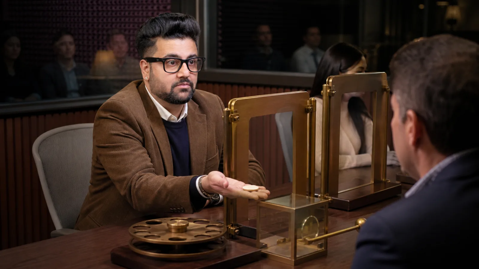Sahil Khanna coaching a small executive roundtable in a behavioral research lab for Permission Marketing