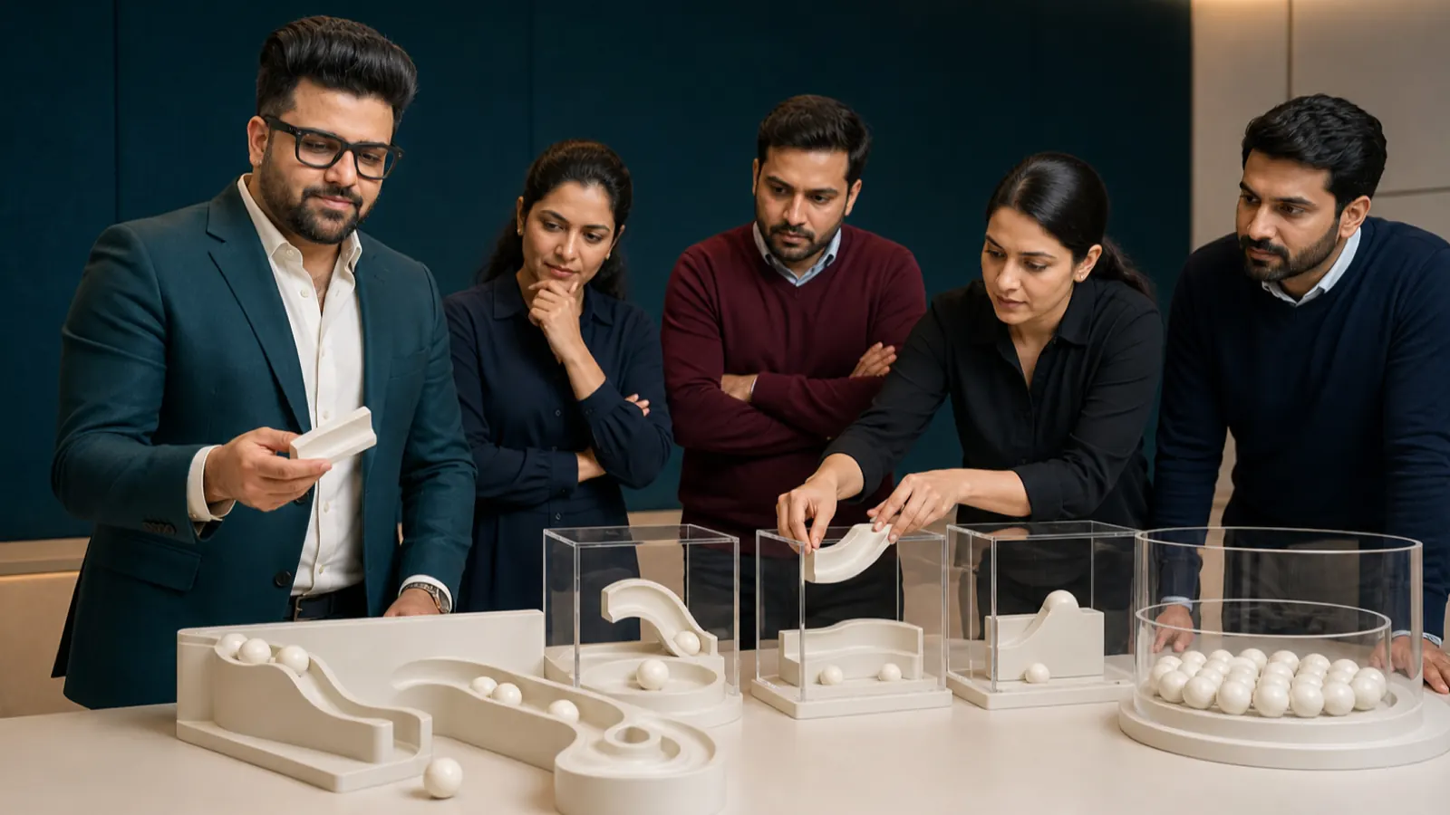 Sahil Khanna coaching a small executive roundtable in a behavioral research lab for Root Cause Analysis