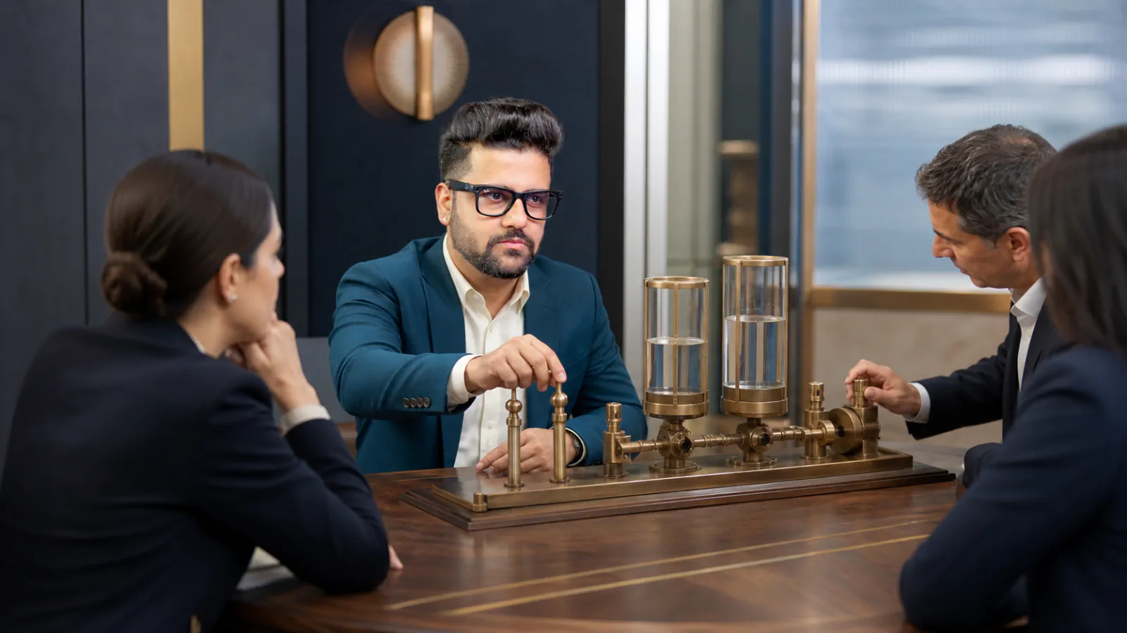 Sahil Khanna coaching a small executive roundtable in a campus library alcove for Designing Scoreboards