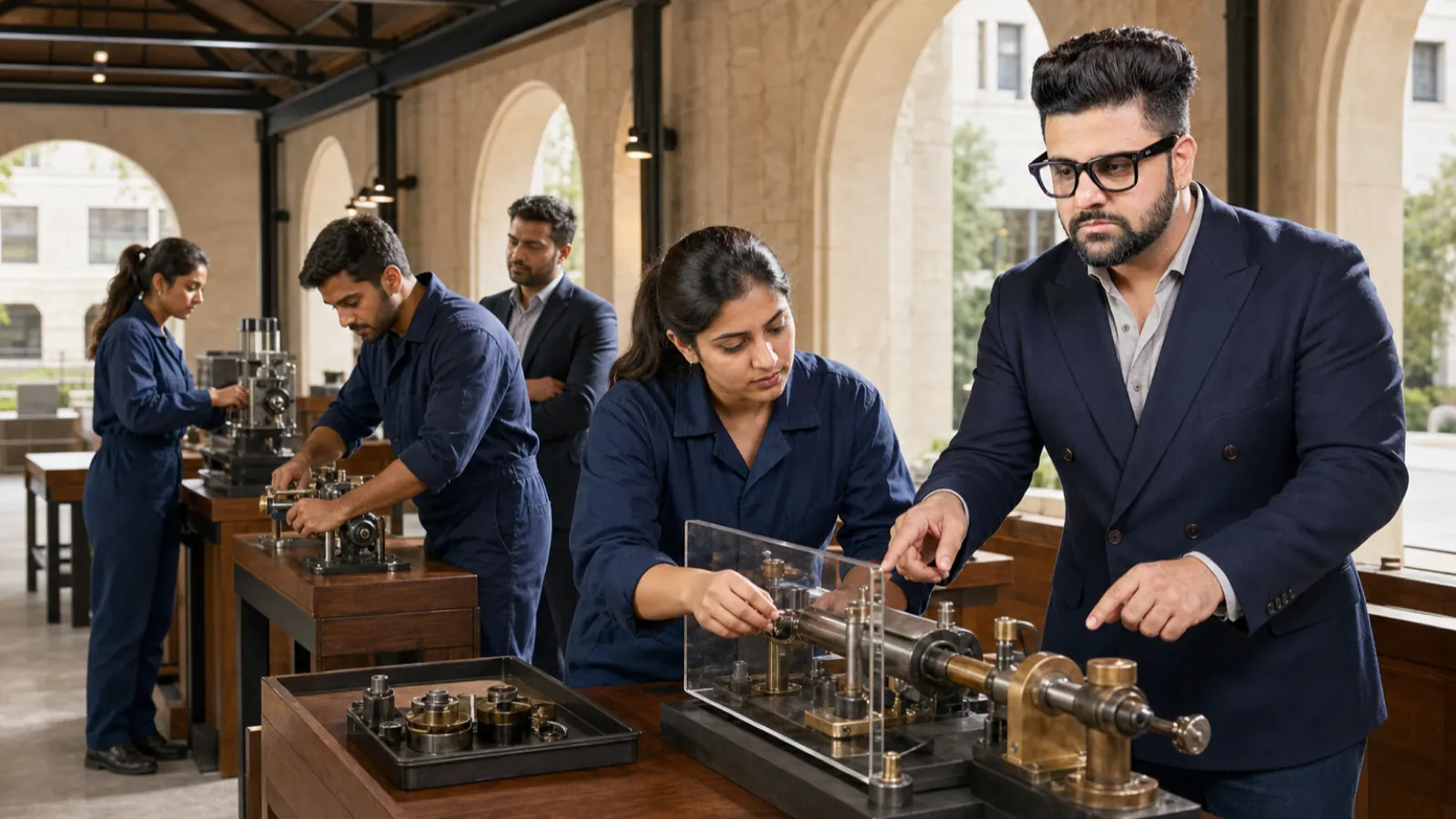 Sahil Khanna coaching a small executive roundtable in a campus library alcove for Developing a hands-on training program