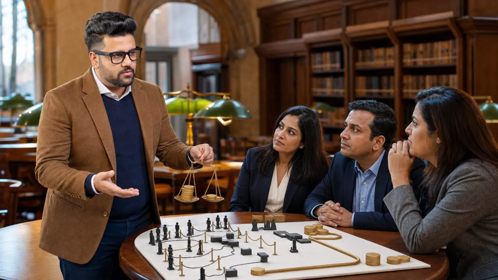 Sahil Khanna coaching a small executive roundtable in a campus library alcove for Hassle premium
