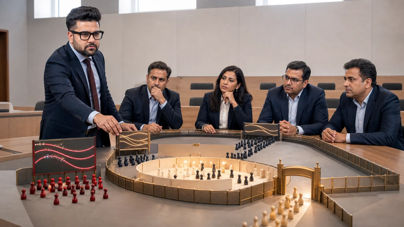 Sahil Khanna coaching a small executive roundtable in a case-method seminar room for Ambush Marketing