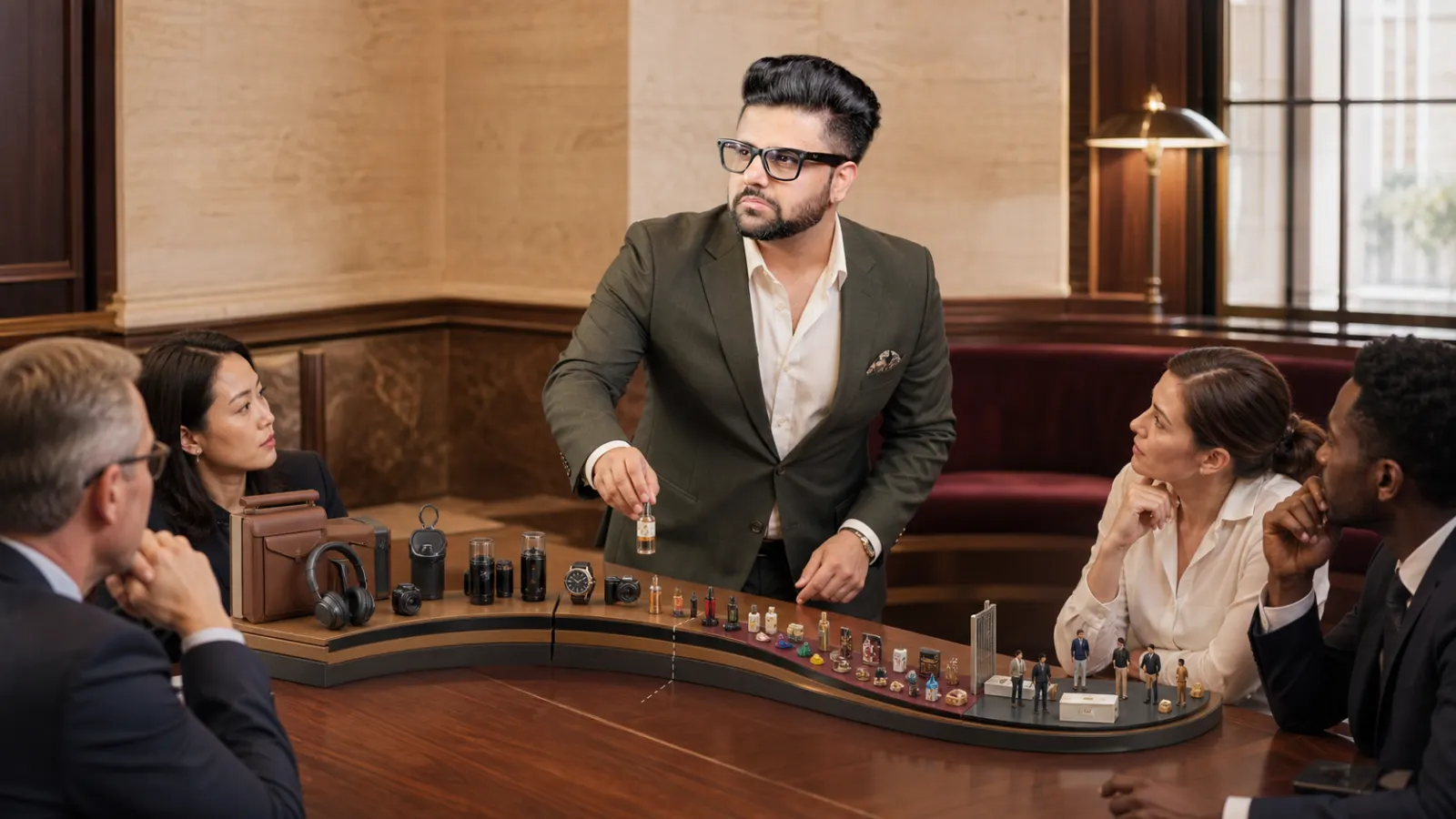 Sahil Khanna coaching a small executive roundtable in a case-method seminar room for Long Tail Marketing
