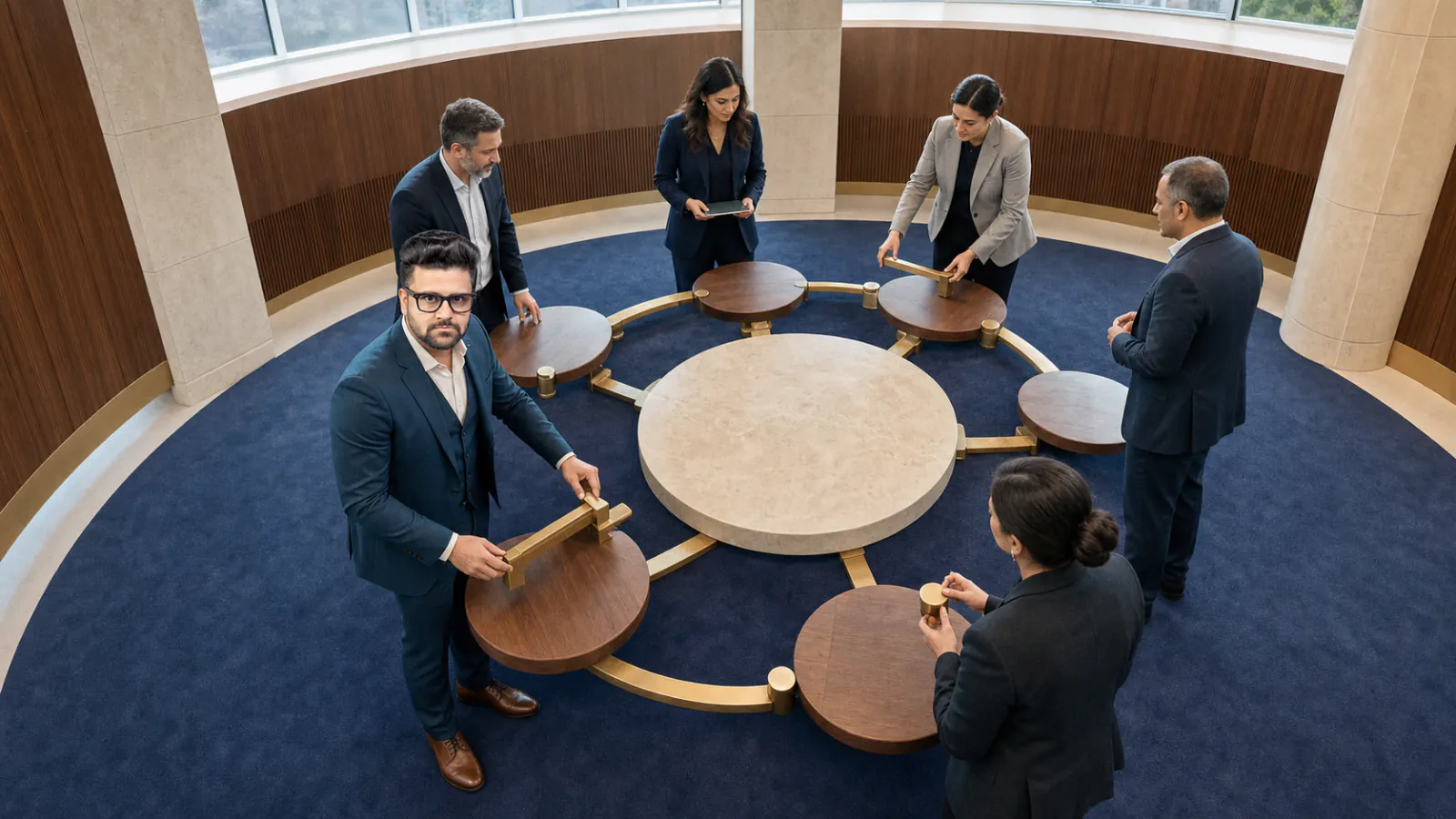 Sahil Khanna coaching a small executive roundtable in a customer insight studio for Improving commitment and engagement