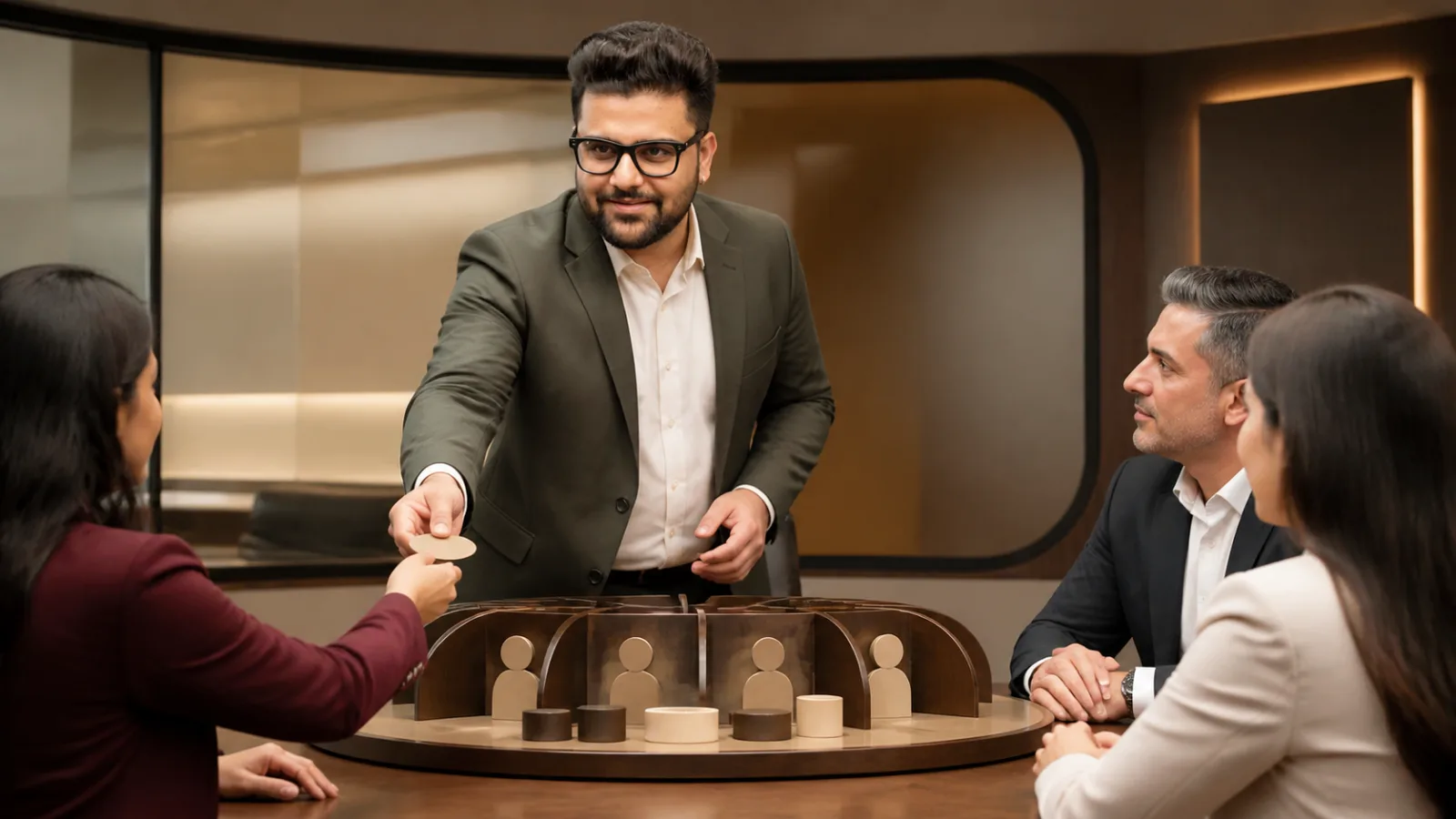 Sahil Khanna coaching a small executive roundtable in a customer insight studio for One-to-one Marketing
