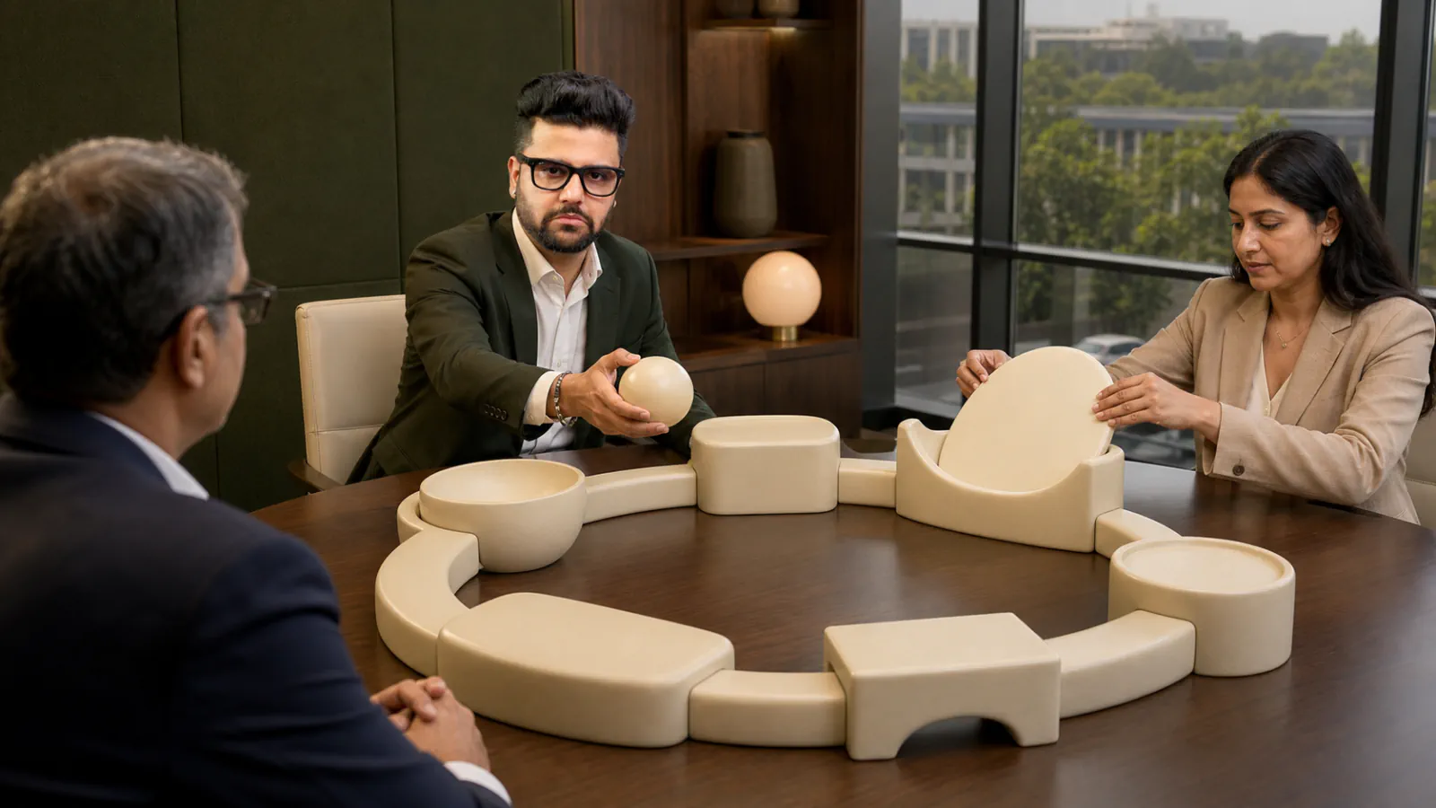 Sahil Khanna coaching a small executive roundtable in a customer insight studio for Project Close Activities