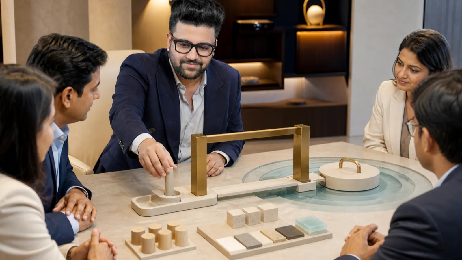 Sahil Khanna coaching a small executive roundtable in a customer insight studio for Using Well-Formed Outcomes in Goal Setting