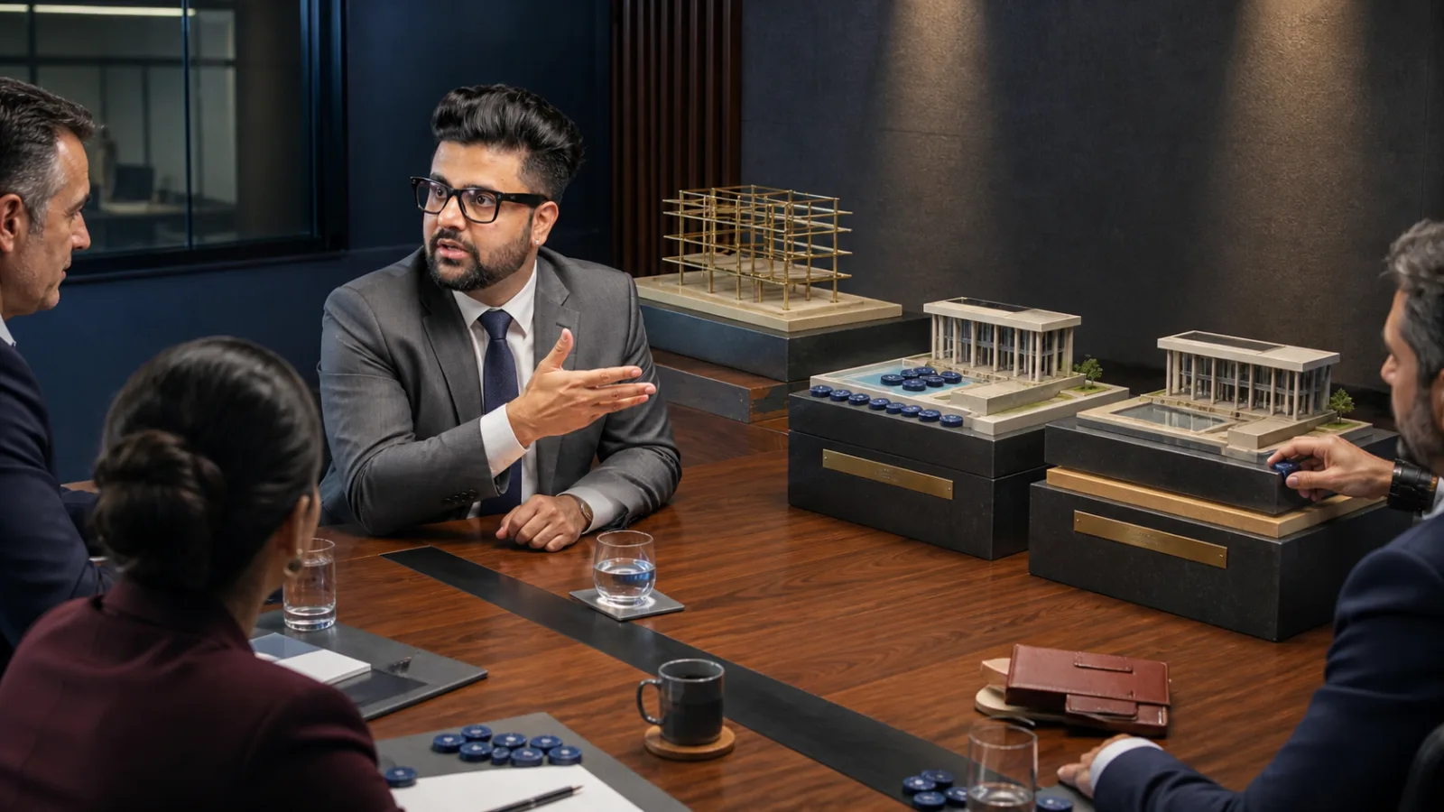 Sahil Khanna coaching a small executive roundtable in a executive decision lab for BOT (built operate transfer model)