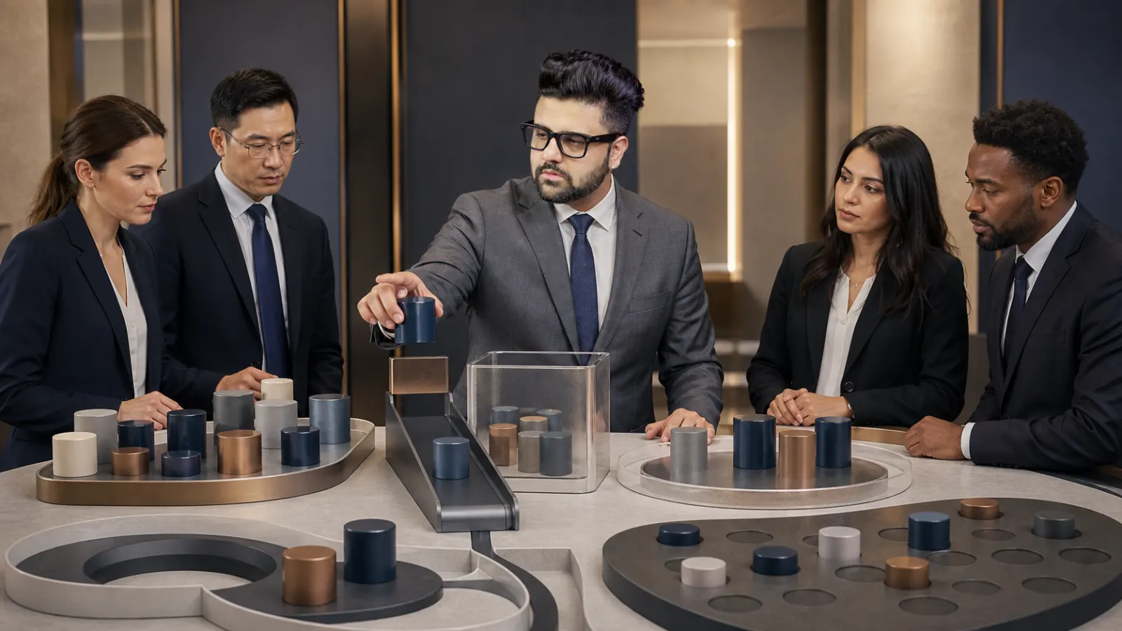 Sahil Khanna coaching a small executive roundtable in a executive decision lab for Identifying and developing leaders in your organization