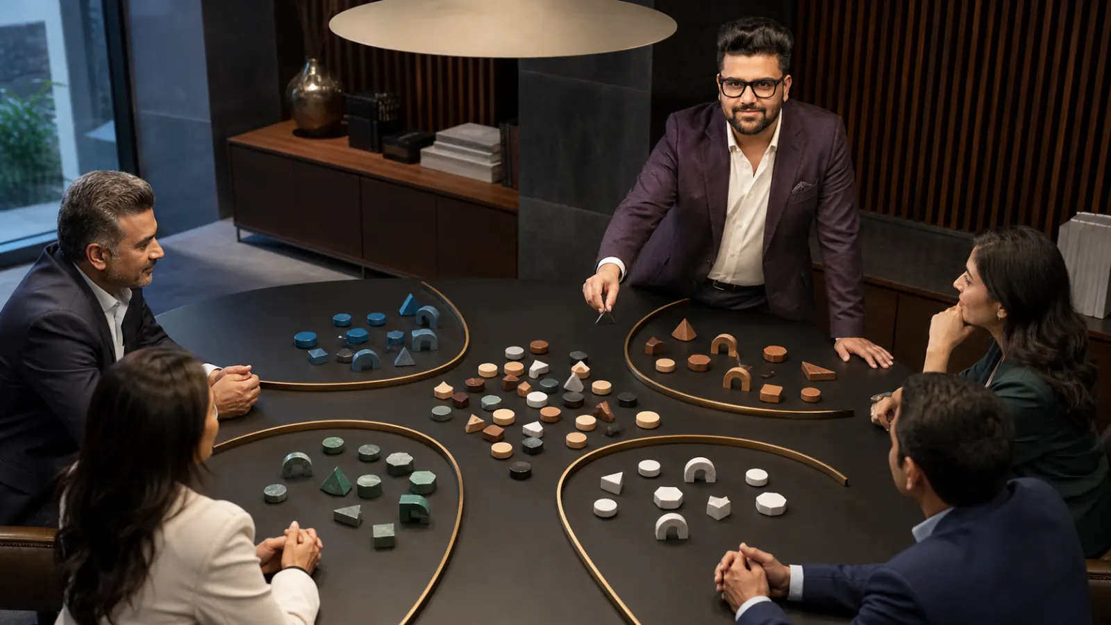 Sahil Khanna coaching a small executive roundtable in a executive decision lab for Market segmentation