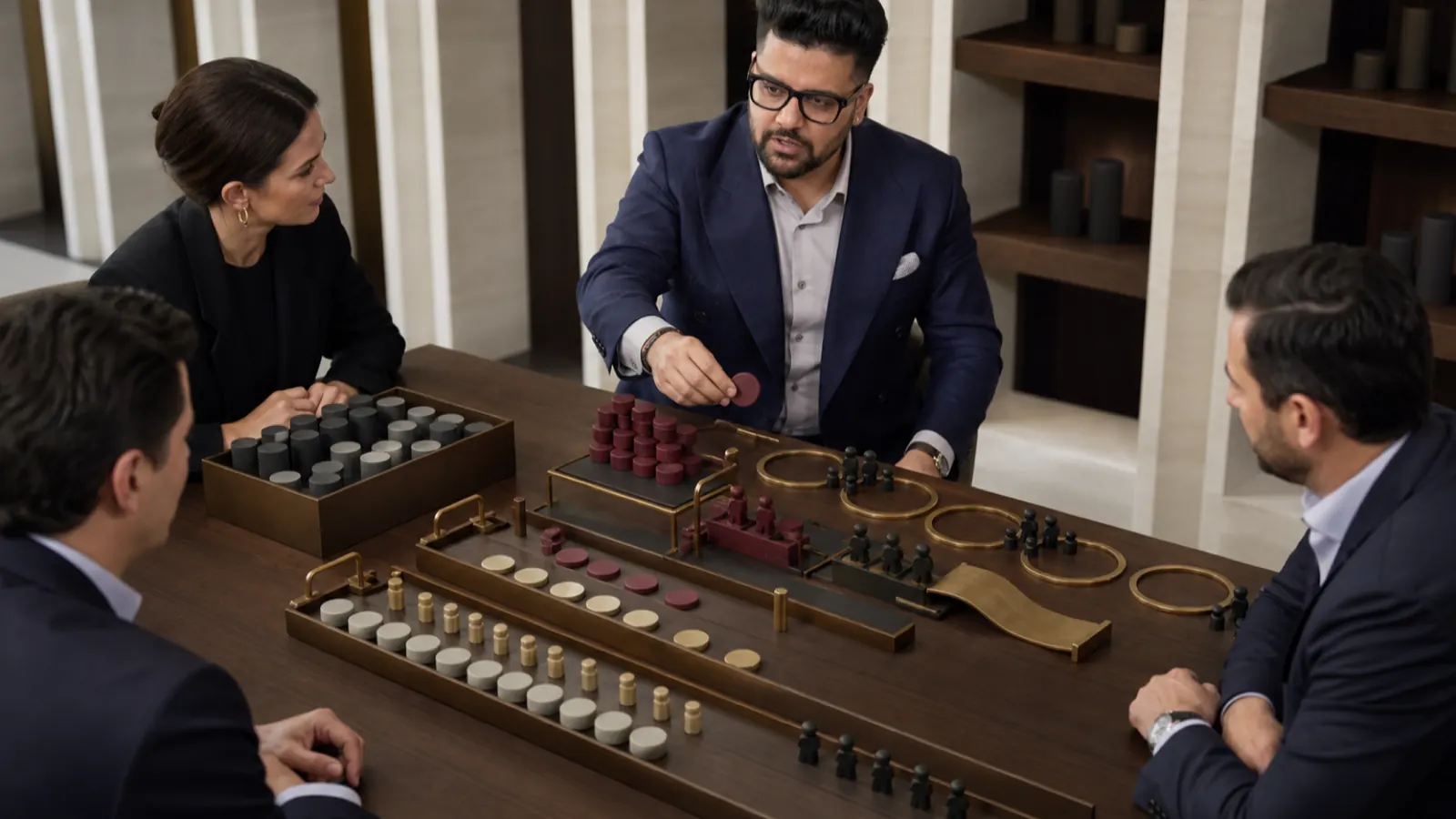 Sahil Khanna coaching a small executive roundtable in a executive decision lab for Promotional Marketing