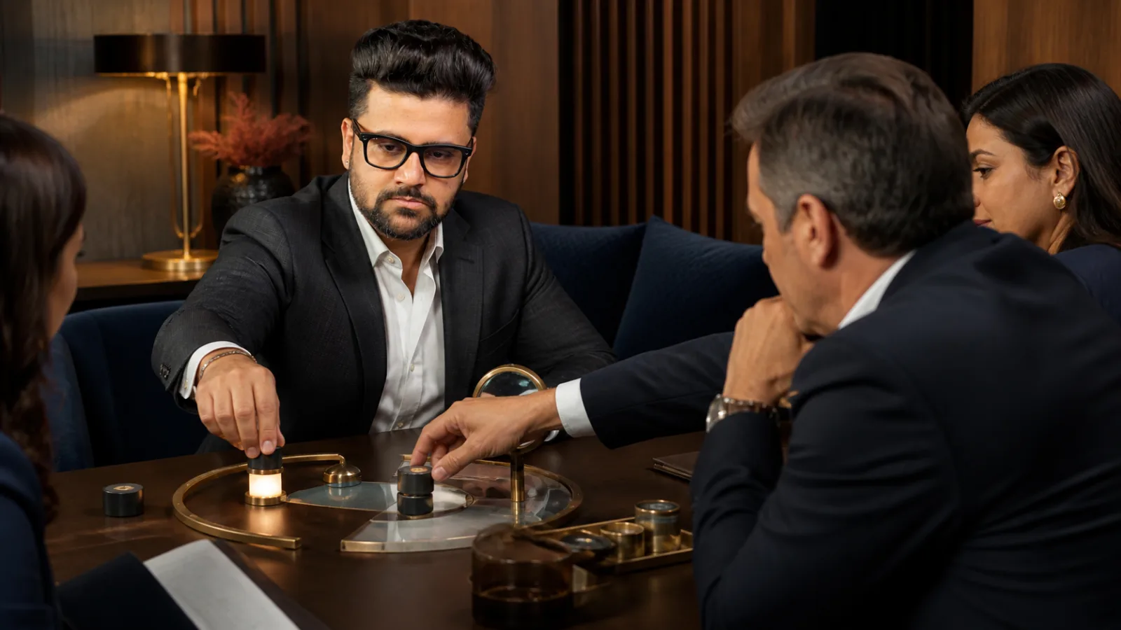 Sahil Khanna coaching a small executive roundtable in a leadership coaching studio for Changing People's Habits