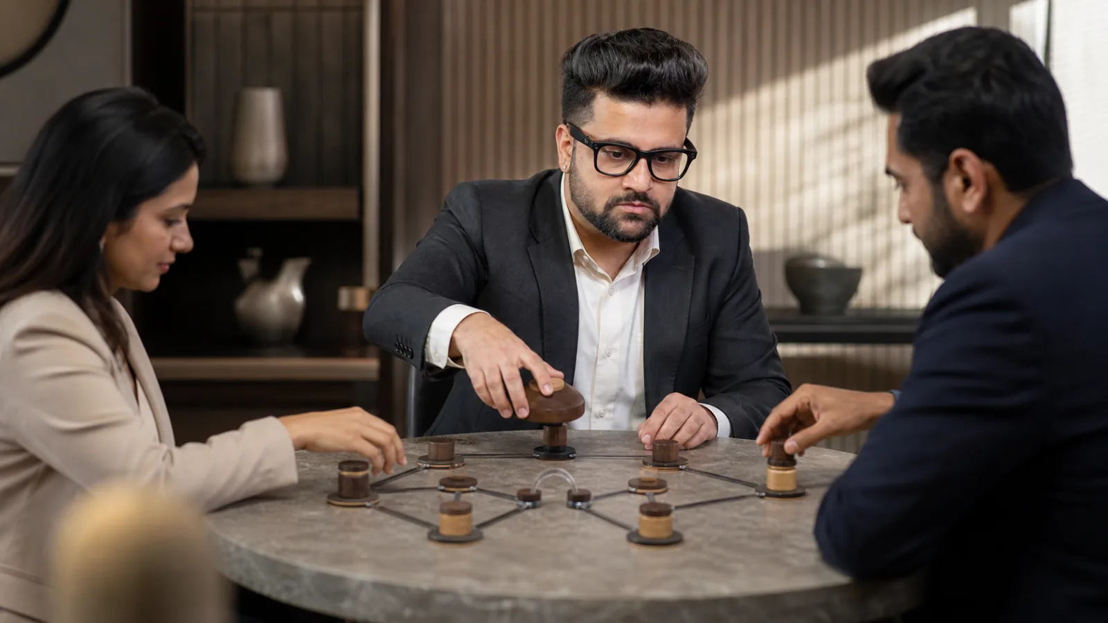 Sahil Khanna coaching a small executive roundtable in a leadership coaching studio for Preventing Manager dependency