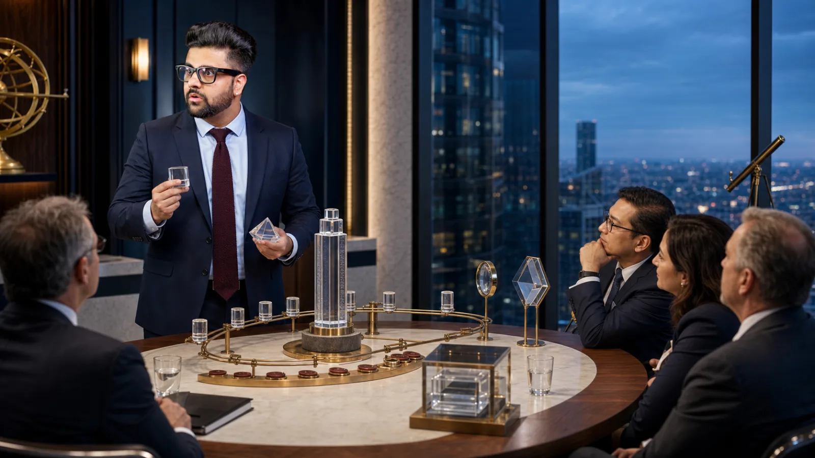 Sahil Khanna coaching a small executive roundtable in a market intelligence observatory for Investor relations