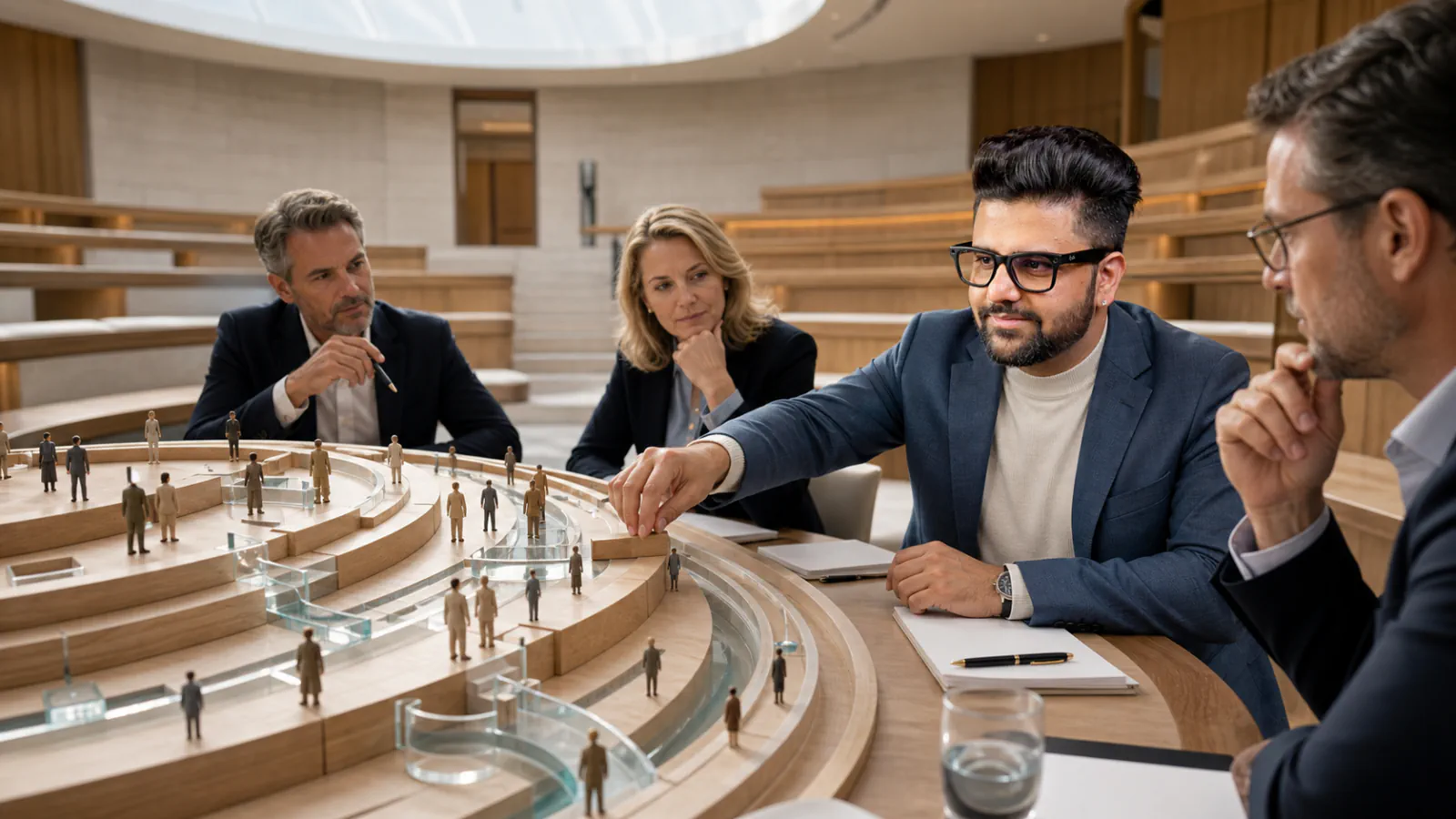 Sahil Khanna coaching a small executive roundtable in a market intelligence observatory for Marketing funnel