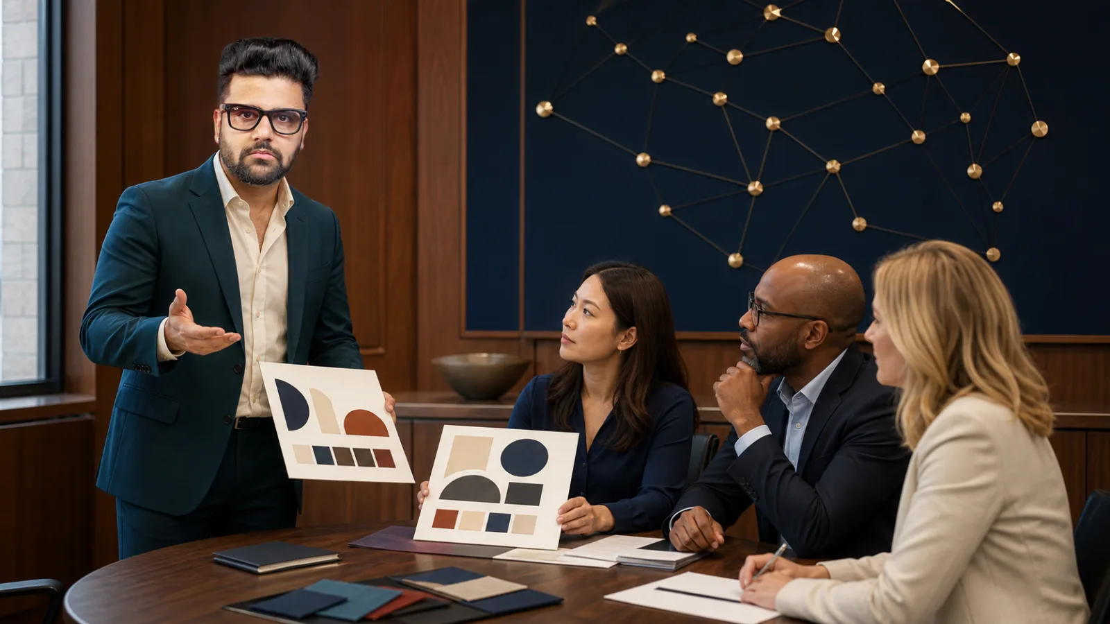 Sahil Khanna coaching a small executive roundtable in a operations simulation room for Brand Persona