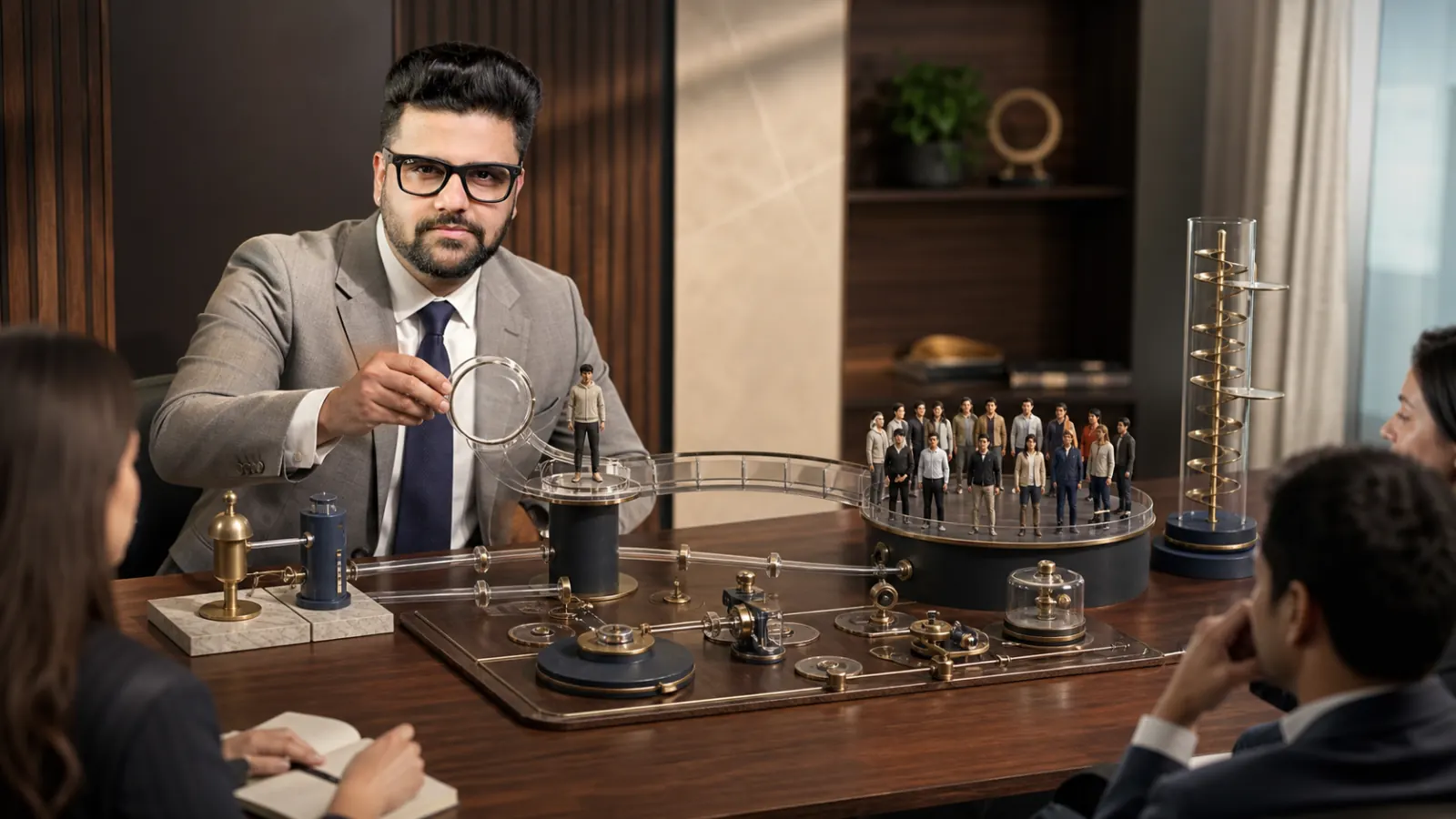 Sahil Khanna coaching a small executive roundtable in a project war room for Influencer Marketing