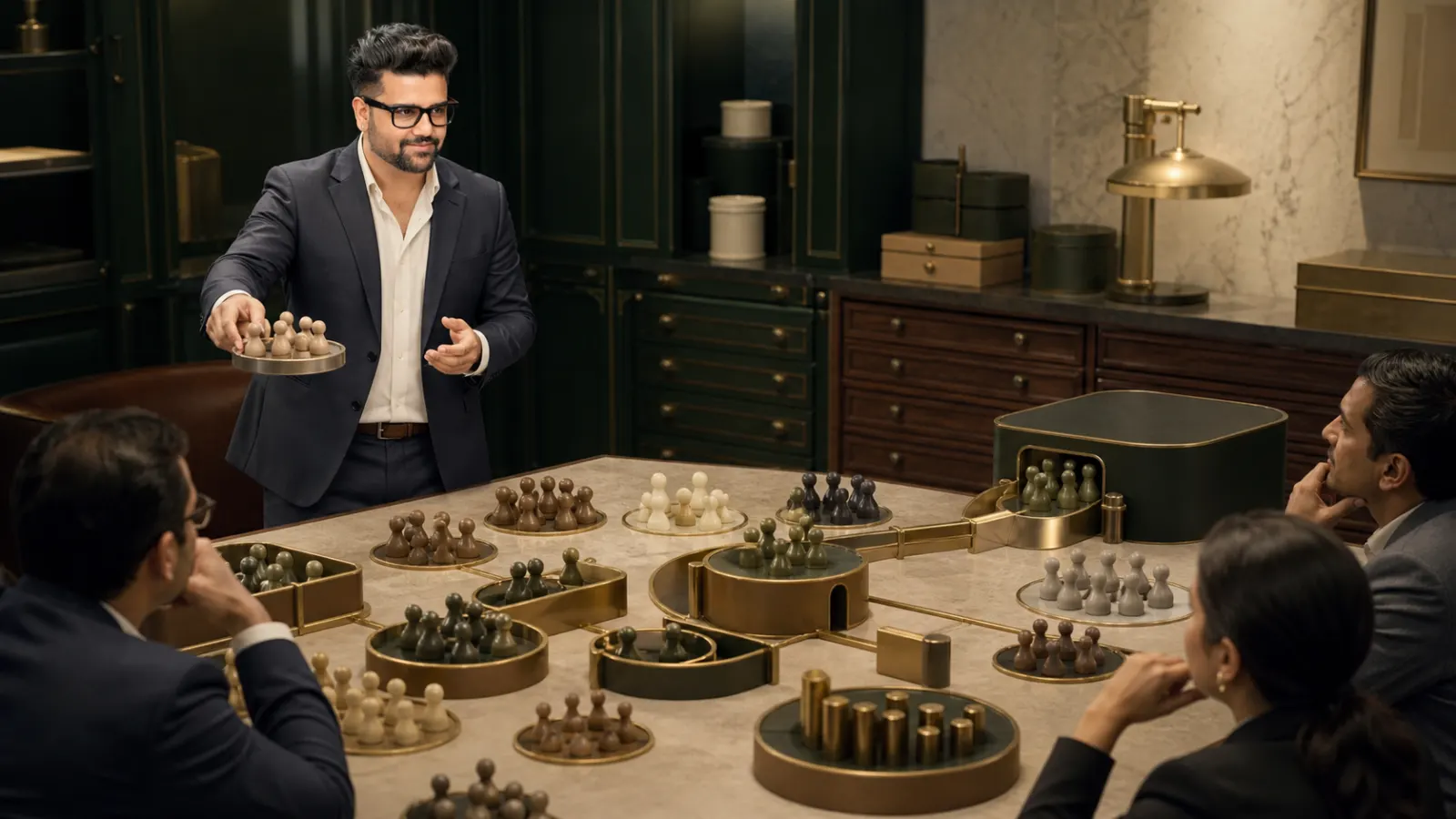 Sahil Khanna coaching a small executive roundtable in a strategy archive for Niche Marketing