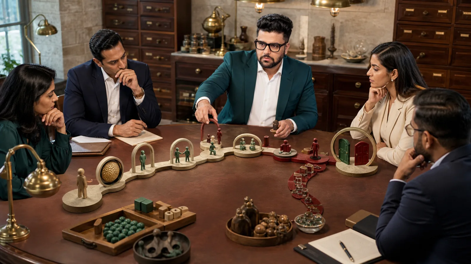 Sahil Khanna coaching a small executive roundtable in a strategy archive for Persuasion Marketing
