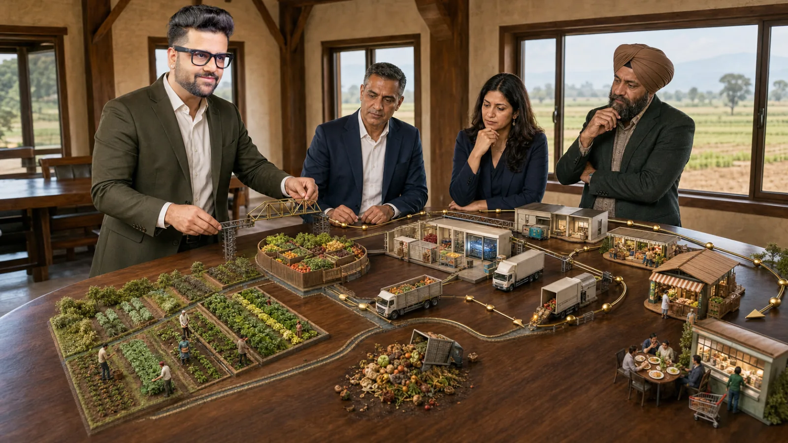 Sahil Khanna coaching a small executive roundtable in a university boardroom for Agricultural Marketing
