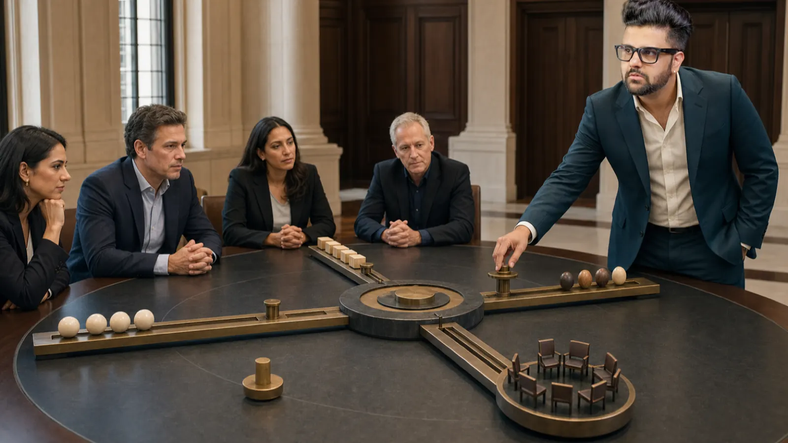 Sahil Khanna coaching a small executive roundtable in a university boardroom for Birkinshaw's four dimensions of management