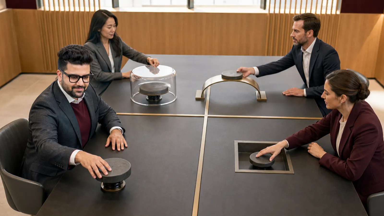 Sahil Khanna coaching a small executive roundtable in a university boardroom for Eisenhower's Urgent/Important Principle