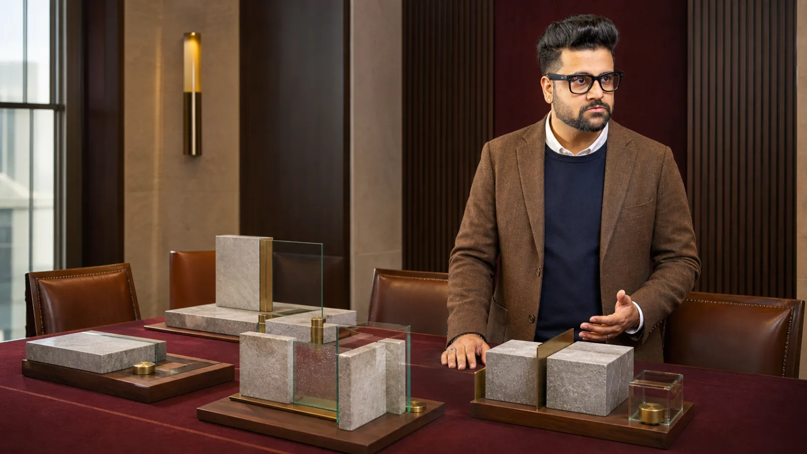 Sahil Khanna coaching a small executive roundtable in a university boardroom for Eldred's Power Strategies