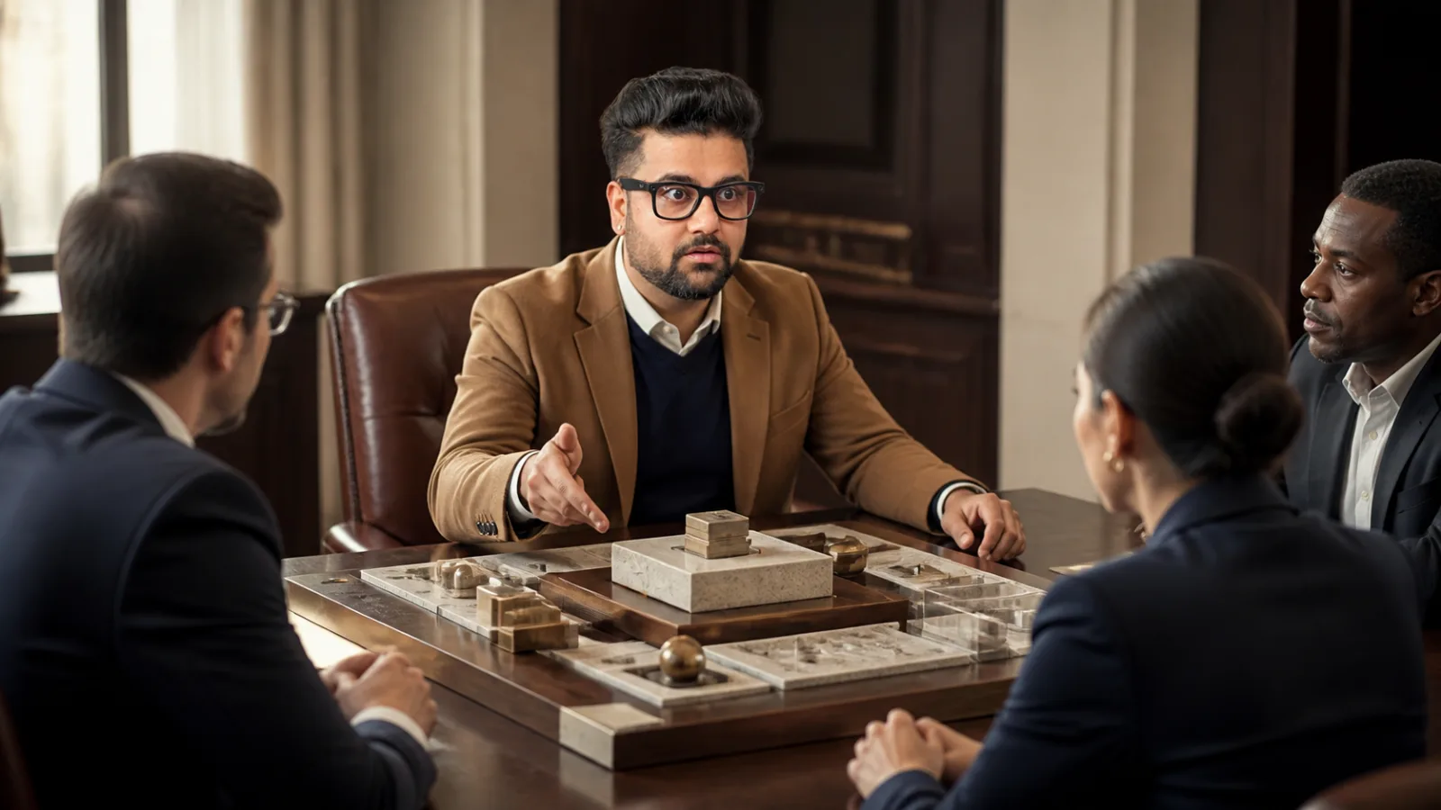 Sahil Khanna coaching a small executive roundtable in a university boardroom for Leadership excellence