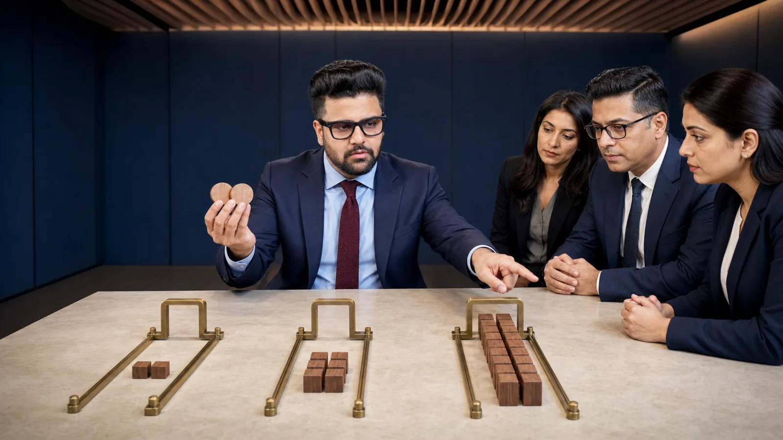 Sahil Khanna coaching a small executive roundtable in a university boardroom for Productivity ratios