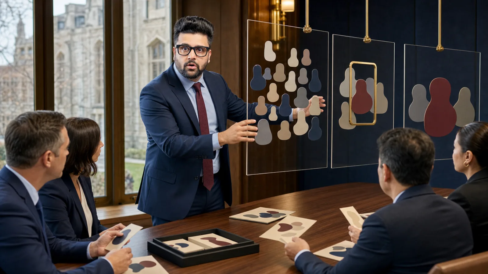 Sahil Khanna coaching a small executive roundtable in a university boardroom for Segmentation, targeting and positioning model