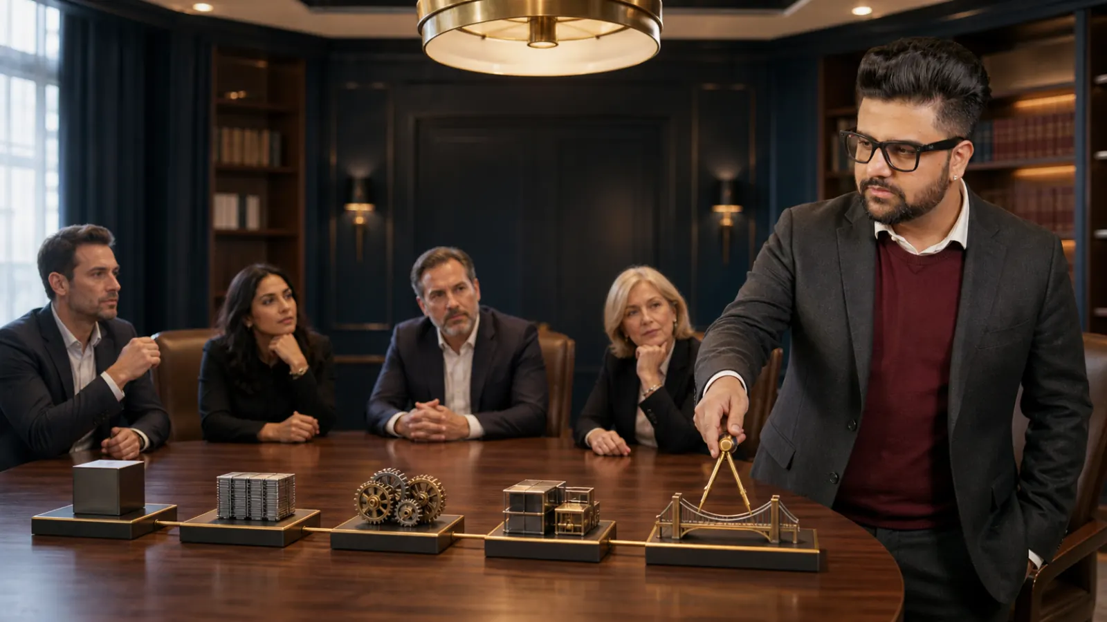 Sahil Khanna coaching a small executive roundtable in a university boardroom for The buy sell hierarchy