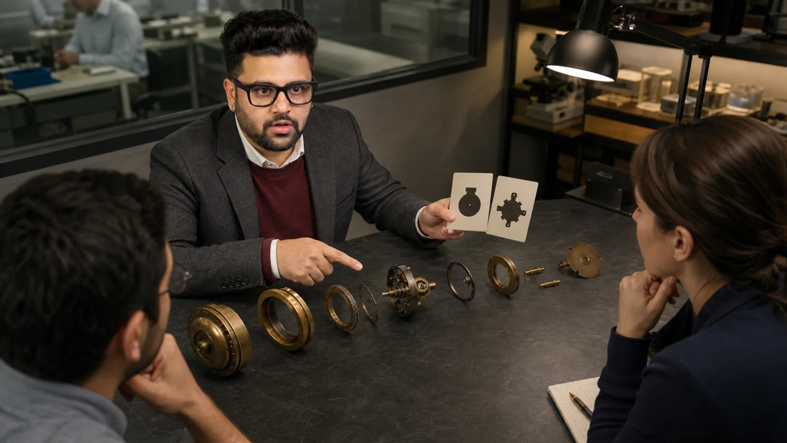 Sahil Khanna comparing unlabeled scenario cards in a behavioral research lab for Reverse engineering