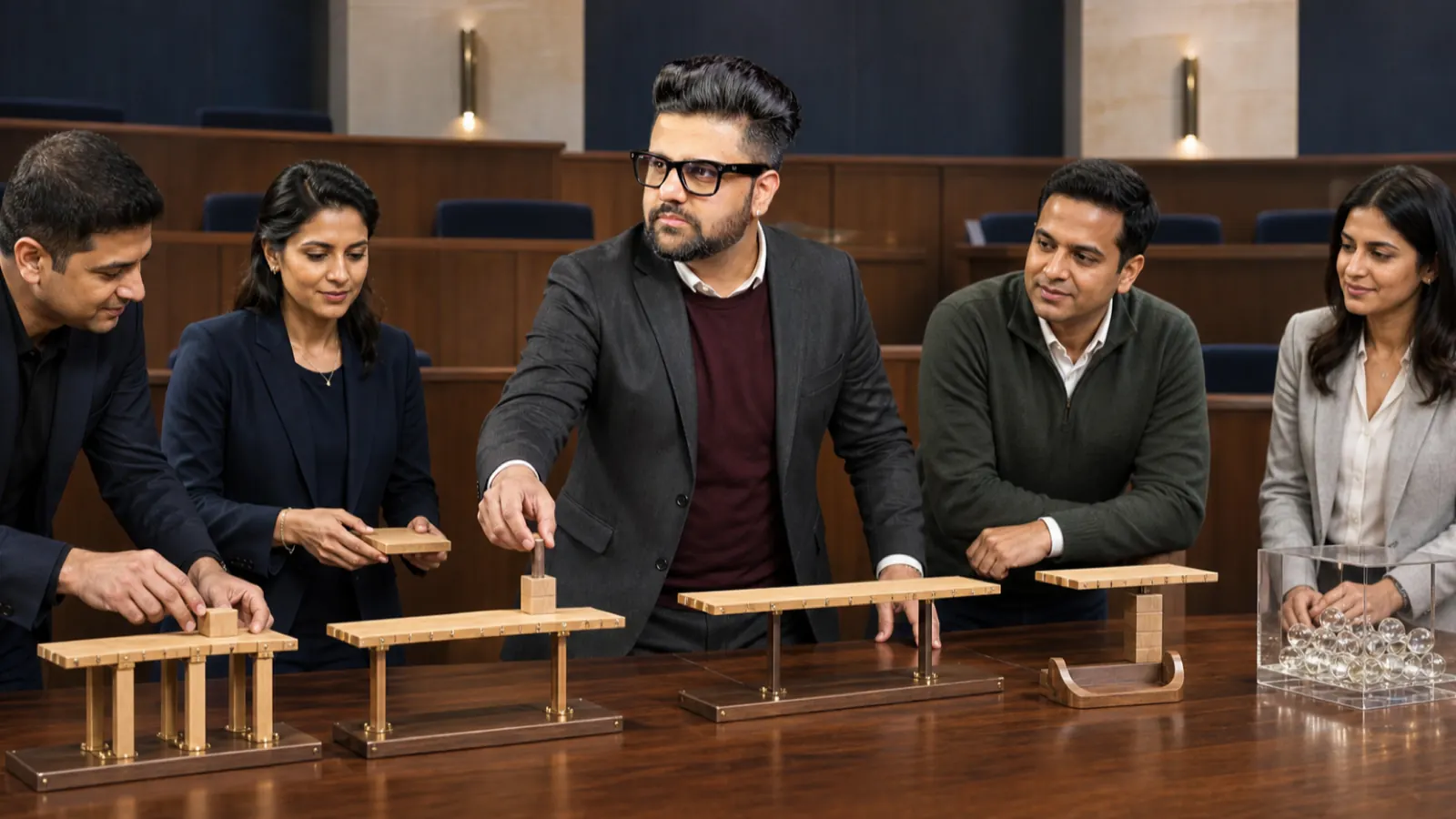 Sahil Khanna comparing unlabeled scenario cards in a case-method seminar room for Building Self-Confidence