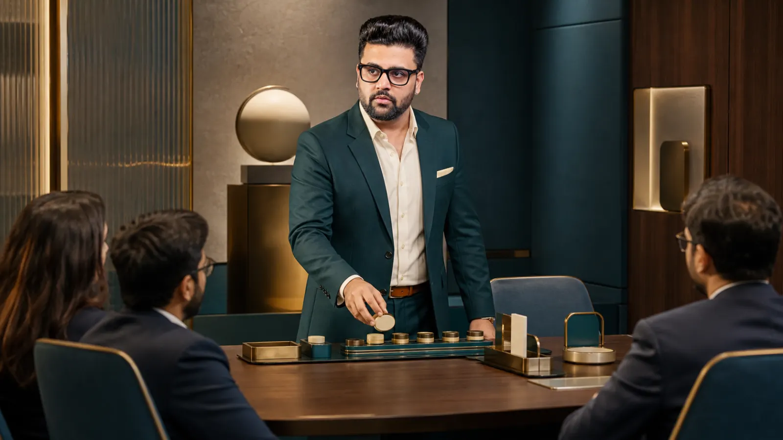 Sahil Khanna comparing unlabeled scenario cards in a case-method seminar room for Self-Discipline
