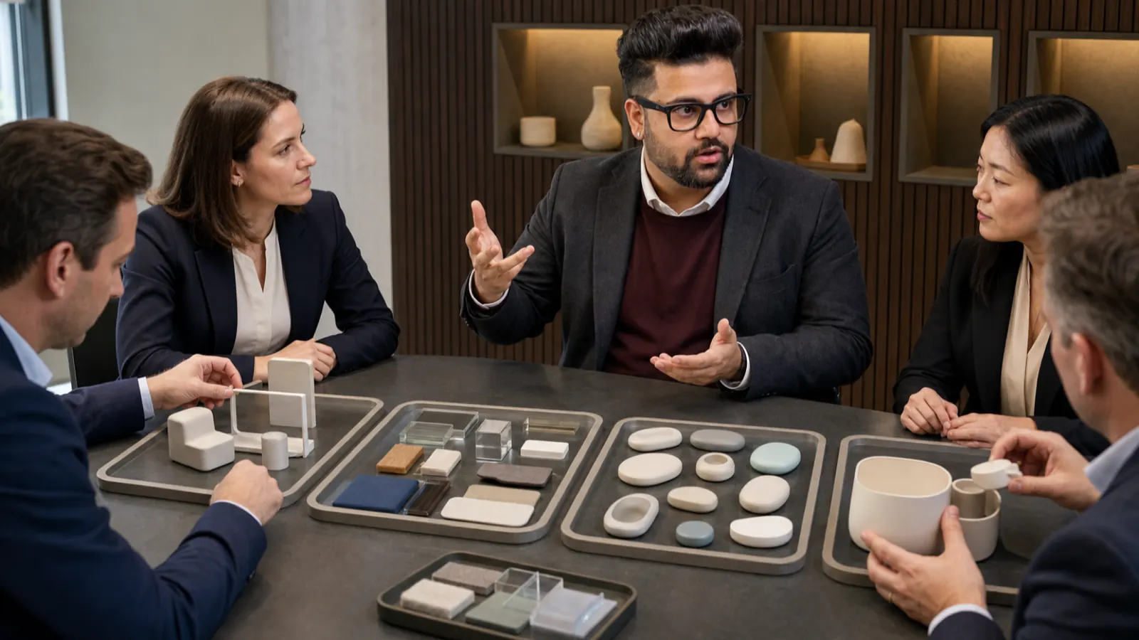 Sahil Khanna comparing unlabeled scenario cards in a case-method seminar room for The Four-Step Innovation Process
