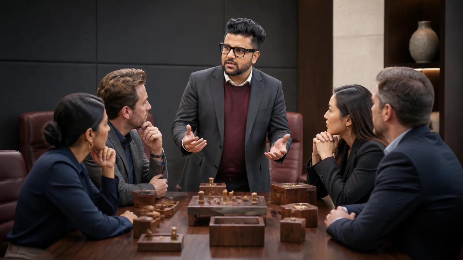 Sahil Khanna comparing unlabeled scenario cards in a case-method seminar room for Understanding Your Locus of Control