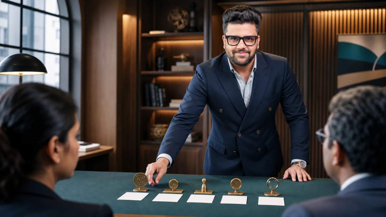 Sahil Khanna comparing unlabeled scenario cards in a customer insight studio for Action Plans - Small-Scale Planning