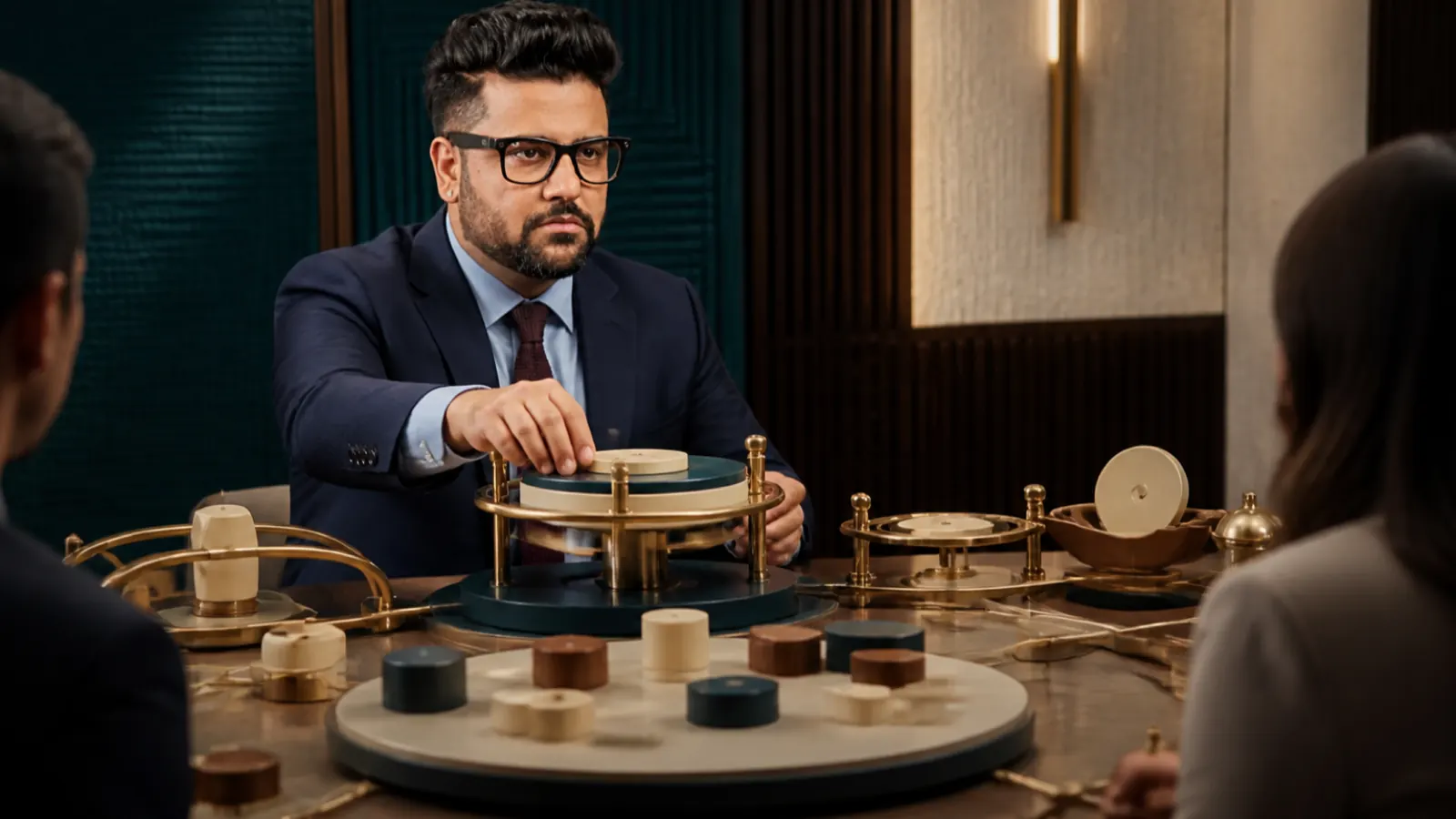 Sahil Khanna comparing unlabeled scenario cards in a customer insight studio for Developing executive presence