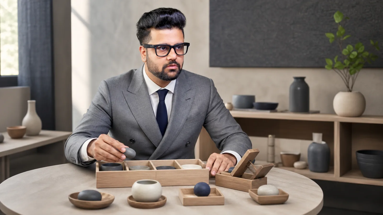 Sahil Khanna comparing unlabeled scenario cards in a customer insight studio for Journaling for Professional Development