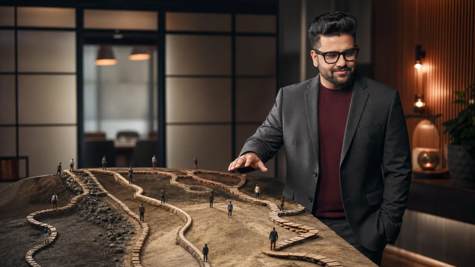 Sahil Khanna comparing unlabeled scenario cards in a customer insight studio for The Change Curve