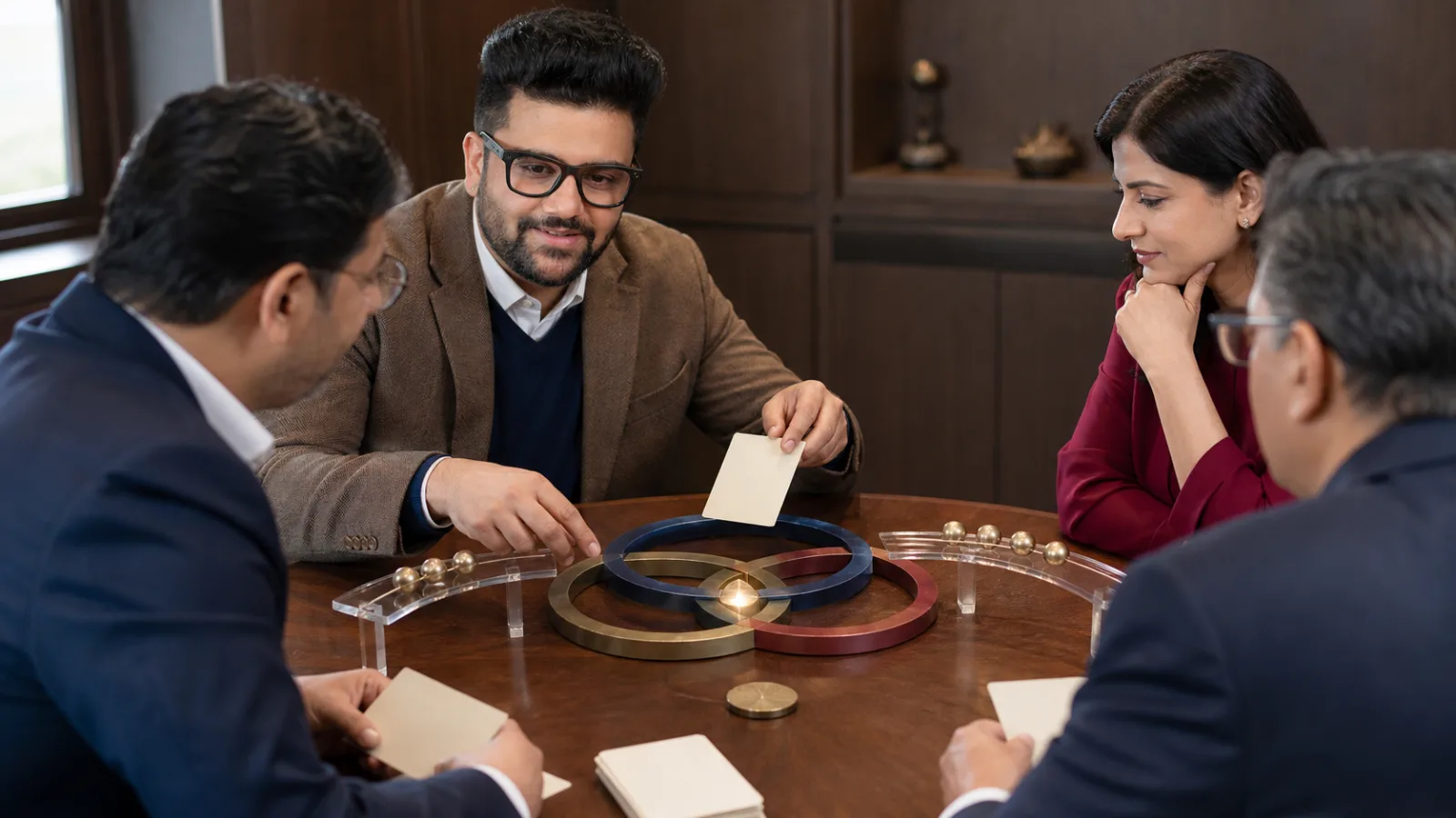 Sahil Khanna comparing unlabeled scenario cards in a executive decision lab for Cause Marketing