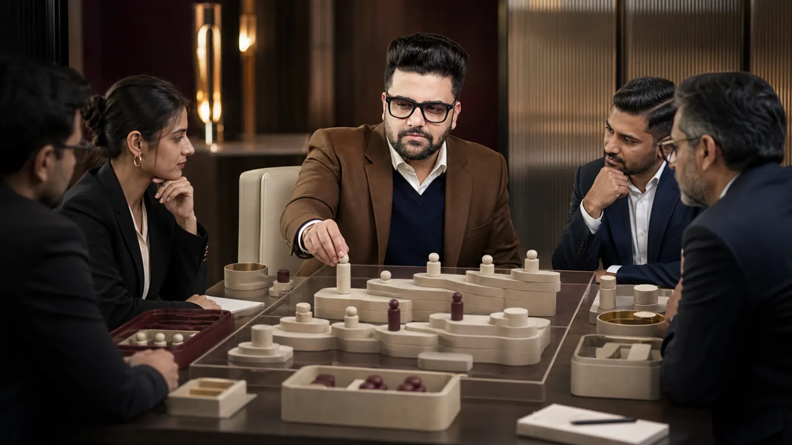 Sahil Khanna comparing unlabeled scenario cards in a executive decision lab for Creating the right pay structure