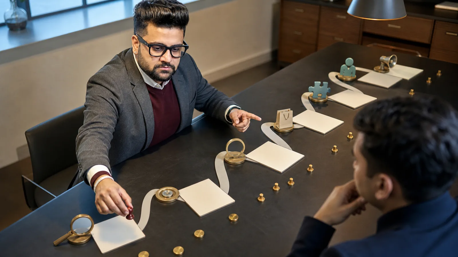 Sahil Khanna comparing unlabeled scenario cards in a executive decision lab for Customer journey mapping