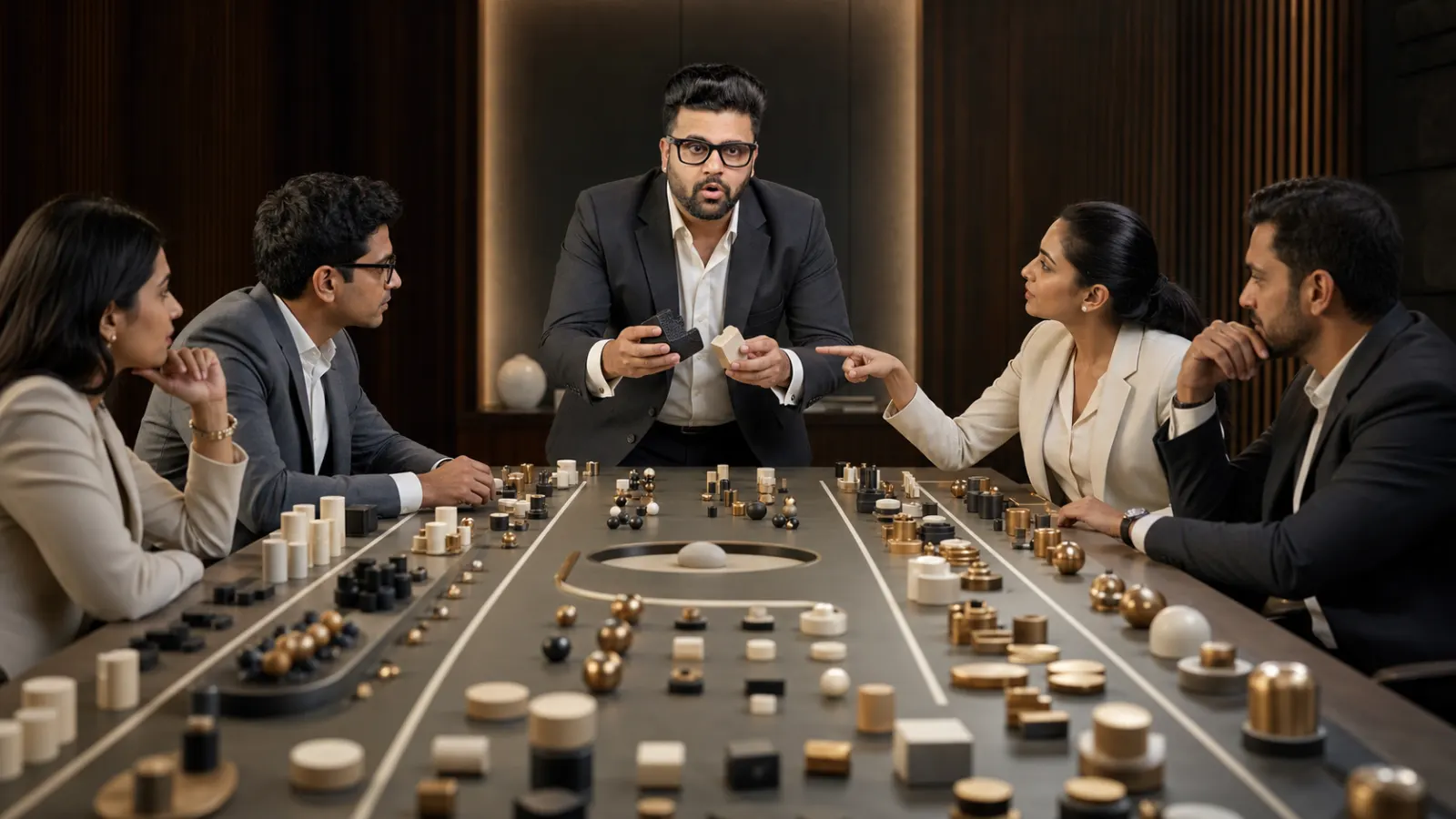 Sahil Khanna comparing unlabeled scenario cards in a executive decision lab for New Ideas - Strategies and Techniques