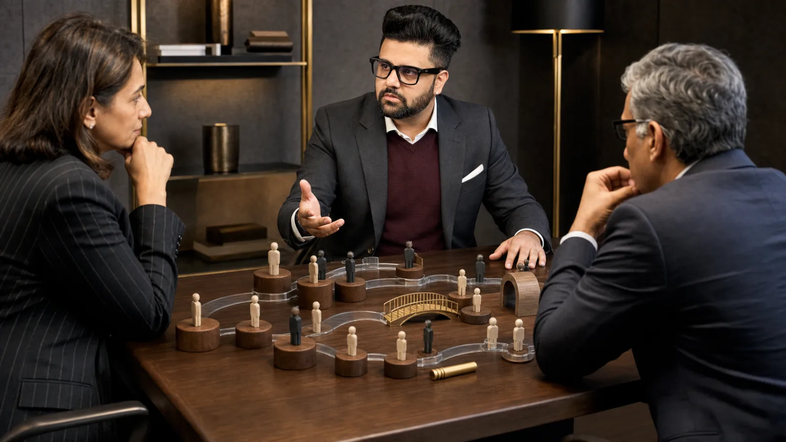Sahil Khanna comparing unlabeled scenario cards in a executive decision lab for Succession planning